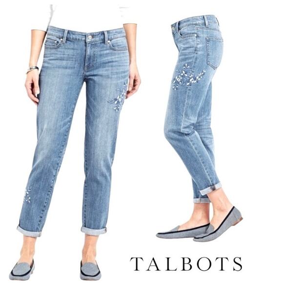 Talbots Sz 16 Flawless Girlfriend Cropped Jeans Floral Embroidered Medium Wash - Picture 1 of 16